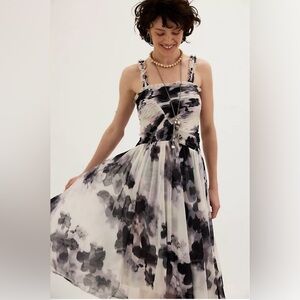 Free People Tesa Smocked Mesh Midi Dress Ivory Combo S NWT